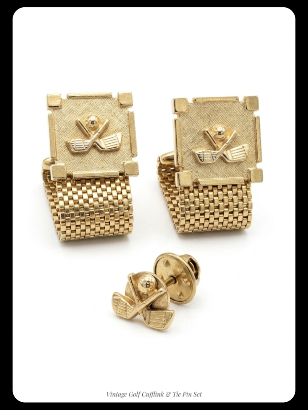 Vintage Gold Tuxedo Cufflinks with Mesh Link Golf Motif and Matching Tie Clip